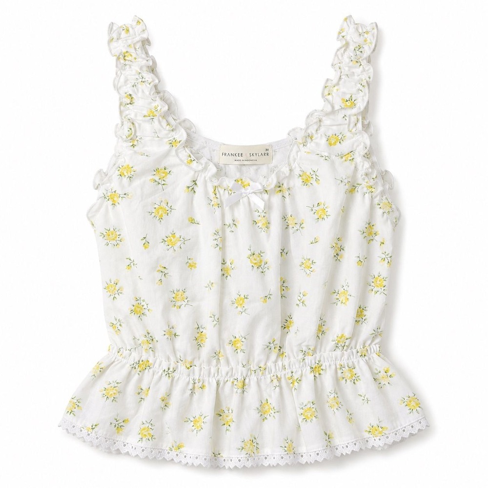 Frankee & Skylar Women's M White Yellow Floral Ruffle Peplum Cottagecore Top